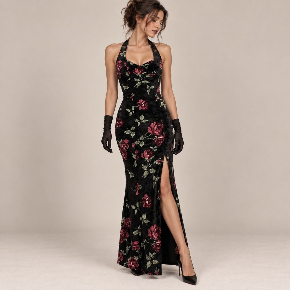 Vintage Fredericks of Hollywood Black Velvet Floral Rose Halter Maxi Dress S